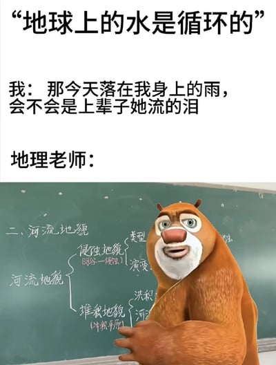 这是一张顶配底文式的搞笑梗图，上方依次排列三段文字：首先给出地理知识点“地球上的水是循环的”，接着是使用者的无厘头提问“我：那今天落在我身上的雨，会不会是上辈子她流的泪”，最后标注“地理老师：”，下方搭配动画《熊出没》中的角色熊大的图像，熊大站在写有河流地貌相关地理板书的教室黑板前，表情错愕无语，仿佛被这个离谱的提问噎住，生动表现出地理老师听到不相关奇怪问题时的反应，整体将严肃的学科知识和emo风格的情感脑洞结合，制造出反差笑点。