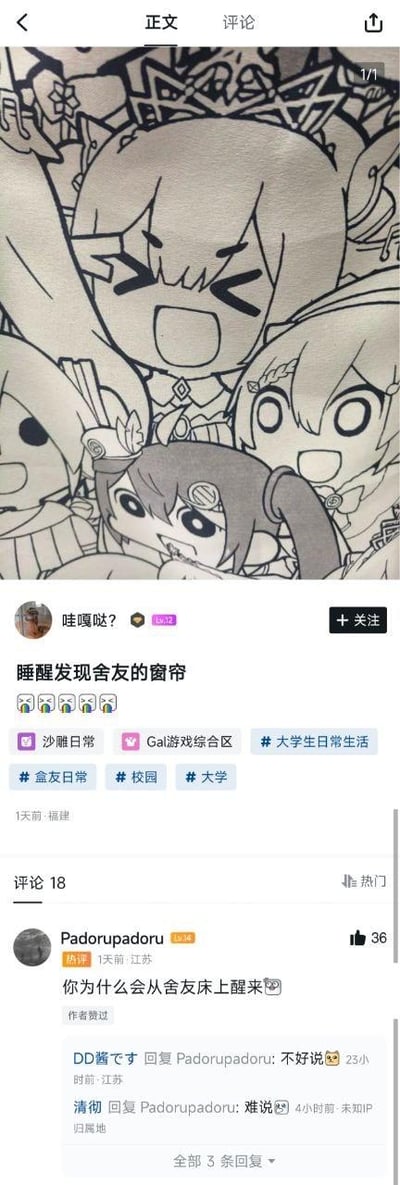这是一张竖屏的社交媒体动态截图，博主发布了一张拍摄自宿舍的照片，照片里的窗帘印着《Fate/Grand Order》里知名的Padoru Q版卡通角色的线稿图案。博主配文“睡醒发现舍友的窗帘”，评论区的热门评论“Padorupadoru”精准玩了Padoru的梗，同时调侃博主“你为什么会从舍友床上醒来”，博主回复“不好说”，另有网友回复“难说”，用模糊的回应玩梗，暗示博主可能是在室友床上醒来看到这个窗帘，形成了趣味十足的互动，充满宿舍日常的搞笑氛围和二次元梗的趣味。
