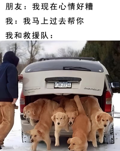这是一张搞笑梗图，上方文字分为三部分：朋友说"我现在心情好糟"，我回应"我马上过去帮你"，然后是"我和救援队："。图片主体是一个人打开SUV汽车的后备箱，里面有许多金毛犬正涌出来。通过夸张的方式表现对朋友的关心，把一群可爱的金毛犬比作"救援队"来安慰心情不好的朋友，制造幽默效果。