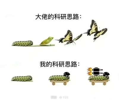 这张图片通过上下两组对比图，幽默地展现了科研大佬与普通科研人员的思路差异：上半部分是“大佬的科研思路”，呈现了毛毛虫按照自然规律化茧成蝶的完整成长过程，象征科研大佬循序渐进、遵循学术路径，最终取得突破性成果；下半部分是“我的科研思路”，毛毛虫没有选择化蛹蜕变的常规路线，而是依次加装滑板、火箭推进器，以荒诞的方式“升级”，调侃自己在科研过程中偏离正确方向，用奇怪的思路“走捷径”或跑偏，充满自嘲意味，精准戳中科研人员的日常心态。