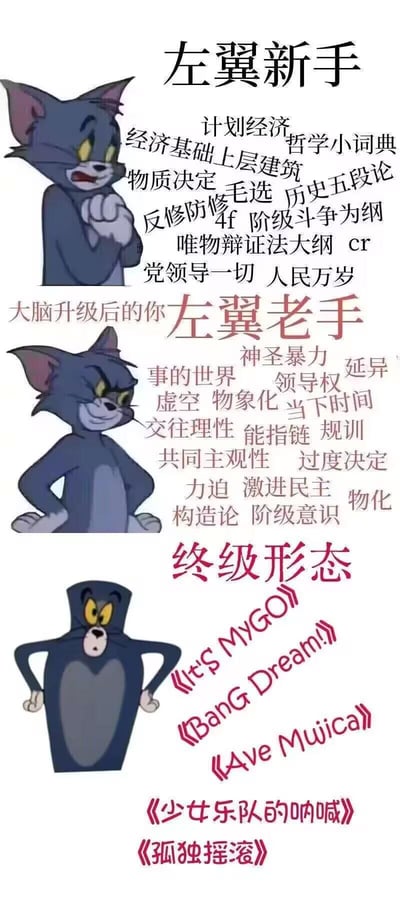 这张图用《猫和老鼠》中汤姆猫的三个不同状态，调侃了左翼爱好者的三个“进化”阶段：
1. **左翼新手**：汤姆呈现紧张攥手的状态，围绕计划经济、毛选、阶级斗争为纲等基础左翼相关理论术语；
2. **左翼老手**：汤姆变为自信叉腰的状态，掌握了神圣暴力、物象化、规训等进阶的左翼理论术语；
3. **终极形态**：汤姆变成被容器套住的搞怪状态，最终“进化”为沉迷《It's MyGO!!!!!》《BanG Dream!》《Ave Mujica》《少女乐队的呐喊》《孤独摇滚》这些二次元少女乐队作品的状态。
整体通过反差感玩梗，调侃左翼爱好者从钻研理论到沉迷二次元的转变。