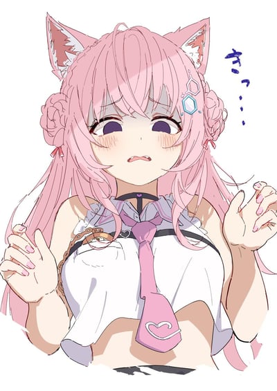 Anime-style illustration of a pink-haired cat girl with cat ears and a concerned expression. She has long pink hair styled with flower accessories, purple eyes, and blush on her cheeks. She is wearing a white top with a pink tie featuring a heart design and a black choker with a heart. Her hands are raised slightly in front of her, and there is Japanese text 'すっ...' (sū...) near her head, representing a soft sigh or sound.