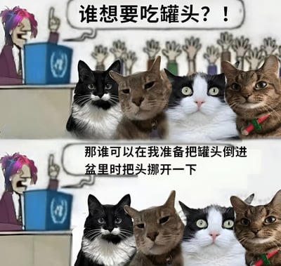 这是一张两格漫画式梗图，上方格子中演讲者询问谁想吃罐头，下方猫咪们都抬头期待；下方格子中演讲者请求猫咪们在倒罐头时挪开脑袋，但猫咪们依然不动，形成幽默对比，展现猫咪对食物的执着和主人的无奈。