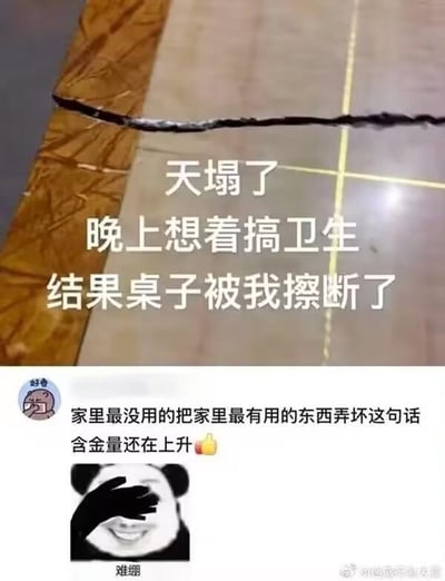 这是一张多图拼接的社交媒体截图类梗图，分为上下两个部分：上半部分是实拍场景，展示了一张从中间断裂开的木质桌子，断裂缝隙清晰可见，配文“天塌了 晚上想着搞卫生 结果桌子被我擦断了”，直白地表达了当事人在搞卫生时意外弄坏桌子的崩溃与无奈；下半部分是微博的评论区内容，先是一个名为“好奇”的用户留言“家里最没用的把家里最有用的东西弄坏这句话含金量还在上升”，并附带点赞表情，用调侃的语气吐槽当事人的“手残”操作；评论下方搭配了一张经典熊猫头表情包，熊猫用手捂住脸部，配文“难绷”，进一步传递出对这件离谱小事哭笑不得的情绪。整张图通过真实场景、网友评论和表情包的结合，以搞笑的方式呈现了生活中意外发生的离谱小插曲，引发共鸣。