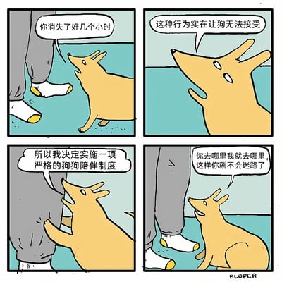 这是一幅四格漫画，描绘了一只黄色狗狗对主人表达不满并宣布陪伴制度的有趣场景。第一格中，狗狗抬头对着主人的腿部说："你消失了好几个小时"；第二格狗狗表情严肃地表示："这种行为实在让狗无法接受"；第三格狗狗宣布："所以我决定实施一项严格的狗狗陪伴制度"；第四格狗狗坚定地说："你去哪里我就去哪里，这样你就不会迷路了"。整幅漫画通过拟人化的手法展现了狗狗对主人的依赖和可爱的占有欲。