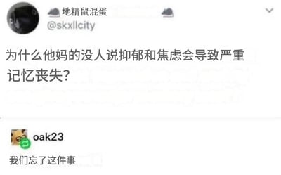 这是一张社交媒体平台的用户发言互动截图，上方用户ID为“地精鼠混蛋”，账号为@skxllcity，发布内容提问“为什么他妈的没人说抑郁和焦虑会导致严重记忆丧失？”，下方名为oak23的用户回复“我们忘了这件事”，回复内容刚好契合了提问中提到的抑郁焦虑会引发记忆丧失的点，形成了反差冷幽默效果，既调侃了相关心理问题的症状，也带有自嘲的趣味。