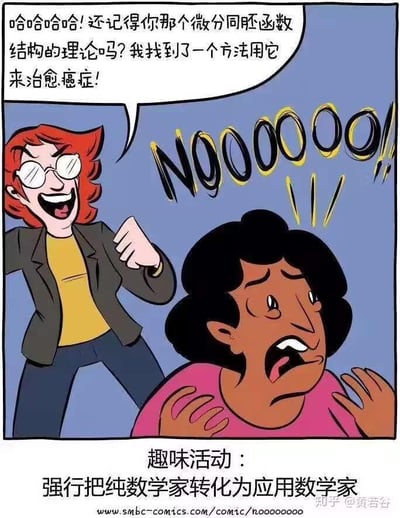 这是一幅来自SMBC的讽刺幽默漫画，画面呈现了两个角色的互动：左侧红头发戴眼镜的角色兴奋地握拳大喊，向右侧的黑人女性分享消息，称找到了用对方的微分同胚函数结构理论治愈癌症的方法；右侧的黑人女性则露出崩溃惊恐的表情，双手抬起，大声尖叫“NOOOOOO!!”。画面下方配有文字“趣味活动：强行把纯数学家转化为应用数学家”，用夸张的戏剧化场景，调侃了纯数学家对于自己的理论被用于实际应用的强烈抗拒心理，精准戳中了数学领域里纯数学与应用数学之间的差异与趣味矛盾，没有双关、谐音梗等内容。