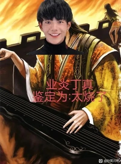 这是一张网友创作的恶搞P图，将真实人物丁真的微笑脸部，合成到桌游《三国杀》中周瑜的“业炎”皮肤立绘的身体上。合成后的人物身着带有花纹的华丽古风服饰，双手放在古琴上做出抚琴的动作，背景是带有火焰特效的城墙，城墙上还有一个女性人物的身影。图中用红色字体标注了“业炎丁真 鉴定为:太烧了”的文字，其中“业炎”是周瑜的技能名称，“烧”既对应技能的火焰属性，也带有调侃的谐音意味，属于网络趣味二次创作内容。