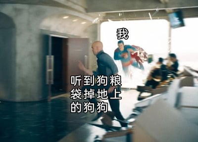 这是一张改编自影视片段的搞笑表情包，画面呈现了一个室内办公风格的场景：前景的光头人物被文字标注为“听到狗粮袋掉地上的狗狗”，他正带着急切的神态快速向前跑动；背景里，超人破窗而入，以极快的速度冲向室内，被标注为“我”。整张图用超级英雄的夸张动作场景，幽默地制造出反差感，调侃当听到狗粮袋落地时，狗狗急切赶来、主人更是像超人一样瞬间冲刺的搞笑反应，生动展现出宠物和主人对食物的急切态度，充满生活化的趣味笑点。