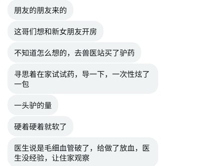 这是一张聊天记录截图，内容讲述了一个离谱的故事：朋友的朋友想和新女朋友开房，却去兽医站买了驴药，在家一次性服用了一头驴的剂量，导致身体不适，医生诊断为毛细血管破裂并进行了放血处理。整个故事充满荒诞和搞笑元素，以对话气泡的形式呈现，语言口语化，带有强烈的生活吐槽风格。