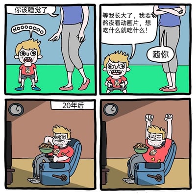 这是一幅四格幽默漫画：第一格中，家长要求小男孩去睡觉，小男孩大喊着抗拒；第二格，小男孩气鼓鼓地放话，说自己长大后要熬夜看动画片、想吃什么就吃什么，家长回应“随你”；第三格，时间来到20年后，当年的小男孩变成了成年男子，深夜坐在沙发上，抱着爆米花看着电视，脸上满是疲惫；第四格，他举起双手，一脸困倦，显然已经撑不住要睡觉了。漫画通过童年愿望与成年现实的反差，用幽默的方式调侃成年人的状态——虽然实现了小时候的“自由”，但身体已经无法支撑这样的“愿望”，充满了成长的讽刺感。