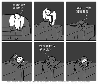 这是一组六格的黑白卡通连环漫画，描绘了当代人典型的睡眠怪圈：第一格，主角小人坐在沙发上使用笔记本电脑，面露疲惫，心里想着“时间不早了，该睡觉了”；第二格，小人躺在床上，盖着被子，准备入睡；第三格，小人躺在床上皱着眉头，烦躁地想着“该死，快给我睡着啊”，显然无法顺利入睡；第四格，小人拿起手机，脸上立刻露出开心的笑容；第五格，小人放下手机，皱着眉陷入自我怀疑，心里想着“我是有什么毛病吗？”；第六格，小人又拿起手机，脸上重新露出笑容，开始沉浸在手机内容中。漫画精准捕捉到了人们明明想睡觉却无法入睡，拿起手机就精神，放下手机又自责的矛盾状态，戳中了很多人被手机影响睡眠的日常痛点。