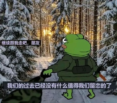 图片展示了一个绿色青蛙角色（Pepe the Frog）身处被白雪覆盖的森林中，背景是高大的松树，阳光透过树林洒下。青蛙穿着绿色夹克，背着黑色背包，右手持有一把步枪，左手似乎牵着另一个角色（仅露出黑色衣角）。图片左侧有文字“继续跟我走吧，朋友”，底部有文字“我们的过去已经没有什么值得我们留恋的了”，整体营造出一种告别过去、邀请同伴共同前行的氛围。