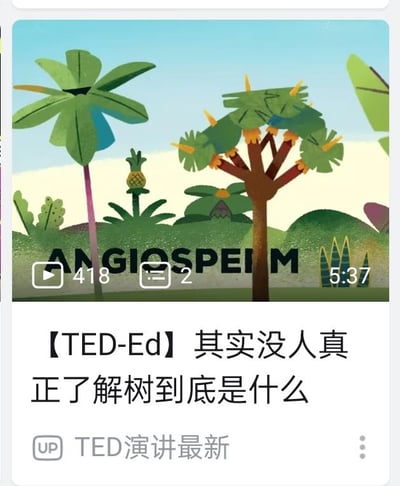 这是一张来自视频平台的科普视频展示截图，画面分为上下两部分：上半部分是风格化的卡通植物动画场景，呈现了多种形态的树木与绿植，画面中间标注英文“ANGIOSPERM”（被子植物），同时显示该视频的播放量418、弹幕数2、时长5分37秒的基础信息；下半部分是视频的中文标题“【TED-Ed】其实没人真正了解树到底是什么”，以及发布该视频的UP主“TED演讲最新”的标识。整体是一则聚焦树木知识的科普类视频的界面，以生动的卡通画面搭配科普主题，旨在打破人们对树木的常规认知，分享相关专业知识。