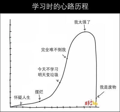 这张图以一条曲线的方式，幽默地表现了人们在学习过程中的心理起伏。从一开始的“怀疑人生”到“摆烂”，再到“今天不学习明天变垃圾”、“完全难不倒我”、“我太强了”，最后急转直下，走向“我是废物”。整个曲线反映学习党常见的心态波动，非常有代入感和恶搞性。

暗示：用极端情绪跌宕的曲线体现学习压力和自我怀疑的循环，以及自信和颓废的轮回，是一种典型的自嘲文化。