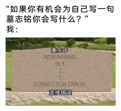 这张梗图用游戏和网络语言幽默地表现了对死亡和人生的看法。题目提问如果给自己写墓志铭会写什么，配图是一块墓碑，上面写着“重生中”和“连接错误”，以及英文“RESPAWNING...IN 3...2...1...CONNECTION ERROR...”，幽默讽刺生活如同游戏，死亡后仿佛要重生但因“连接错误”卡住。图片用错位比喻方式加深情绪色彩，有很强的宅文化和网络黑色幽默气质。

**双关/暗示梳理**：将“重生”与“连接错误”类比于人生终结，既指游戏复活失败，也暗指人生终不可逆，幽默而带自嘲色彩。