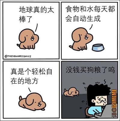 这是一组四格漫画，描绘了一只狗对世界的美好误解：它认为地球是一个非常棒的地方，因为每天食物和水都会自动出现，它可以无忧无虑地生活。但第四格突然转折显示，实际上一位穷困潦倒的主人在屏幕前苦恼地发愁，补刀：“没钱买狗粮了吗”，瞬间戳中现实。漫画吐槽了养宠物的经济压力，同时带有宠物视角的单纯与人类现实的无奈，形成反差。结尾充满苦涩幽默。无明显谐音梗，也无直接双关，但有“宠物的美好误会”这一内涵反差。