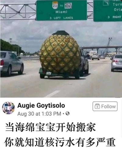 这是一张经过二次创作的社交媒体截图，上半部分呈现的是美国迈阿密方向的高速公路场景，一辆汽车正拖着一个还原动画《海绵宝宝》中海绵宝宝住所的巨型菠萝造型拖车行驶在道路上；下半部分是Facebook用户Augie Goytisolo在8月30日1:03发布的帖子界面，被添加了中文配文“当海绵宝宝开始搬家 你就知道核污水有多严重”。该梗图借助海绵宝宝搬离菠萝屋的意象，讽刺核污水排放对海洋环境造成的破坏，表达对核污水问题的不满与调侃。