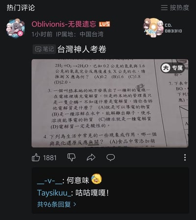 这是一张来自B站的热门评论截图，用户Oblivionis-无畏遗忘发布了一张标注为“台湾神人考卷”的化学试卷照片，试卷展示了三道选择题：第一道是基础化学计算题，计算氢气氧气完全反应后生成水的质量；第三题是玩梗题目，将地点命名为“终本地”谐音游戏IP的“终末地”，设定该地电线管理员是一只企鹅，提问电解质的定义，玩了相关游戏的梗；第四题仅显示题干开头，提问哪个生活现象和氧化还原反应无关。该评论获赞1881，下方有两条网友回复，一条提问“何意味”并附带笑哭表情，另一条回复“咕咕嘎嘎！”，模仿企鹅叫声呼应题目里的企鹅管理员设定。