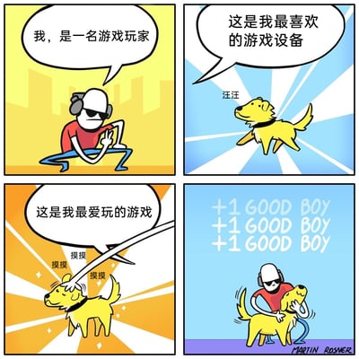这是一幅四格连环卡通漫画，以游戏玩家的视角展开趣味叙事：第一格中，戴着墨镜和耳机的红衣服卡通人物摆出耍帅姿势，自我介绍“我，是一名游戏玩家”；第二格，人物介绍“这是我最喜欢的游戏设备”，画面里一只黄色狗狗欢快跳跃，发出“汪汪”的叫声；第三格，人物接着说“这是我最爱玩的游戏”，同时伸手抚摸狗狗，配文“摸摸摸摸摸摸”，狗狗露出享受的表情；第四格，人物抱着狗狗亲昵互动，背景中出现类似游戏加分提示的文字“+1 GOOD BOY +1 GOOD BOY +1 GOOD BOY”，将与宠物的互动巧妙类比为游戏，把抚摸狗狗的行为转化为游戏操作，把狗狗的可爱反应转化为游戏加分，既贴合游戏玩家的身份，又充满温馨治愈的氛围，用搞笑的形式展现了宠物与主人之间的暖心日常。