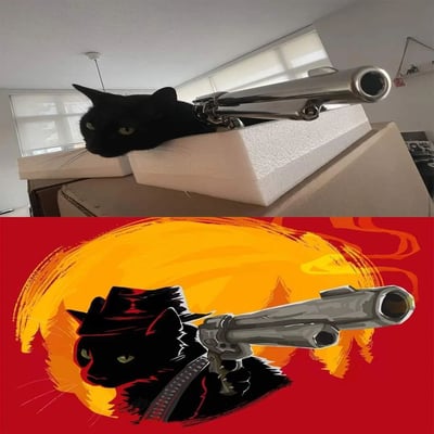 这张上下对比图展示了一只黑猫与左轮手枪的戏剧性转变。上图为真实照片，一只黑猫趴在白色泡沫块上，眼神锐利，身旁放着一把银色左轮手枪，背景是普通的室内环境。下图则将同一场景艺术化处理，黑猫戴上了牛仔帽，背景变为充满动感的橙红色圆形图案，整体风格从日常居家瞬间转变为西部电影般的硬汉氛围，形成强烈的视觉反差和幽默感。