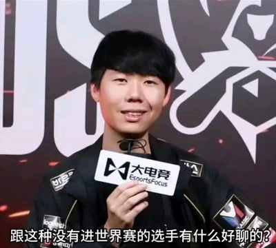 图片中是一位年轻男性电竞选手，他身穿黑色带有标志的外套，手持写有“大电竞 EsportsFocus”的麦克风，面带微笑地看着前方。背景是带有抽象图案的电竞风格背景板。图片底部添加了文字：“跟这种没有进世界赛的选手有什么好聊的？”，形成了一张带有幽默或讽刺意味的梗图。