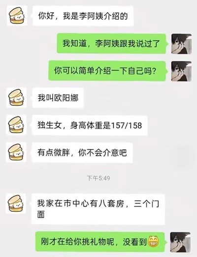 这是一张模拟相亲聊天记录的截图。左侧用户（卡通包子头像）自称“欧阳娜”，先介绍基本情况：独生女、身高体重157/158、有点微胖，随后突然抛出“我家在市中心有八套房，三个门面”的财富信息。右侧用户（黑发动漫头像）起初礼貌询问自我介绍，在对方提及房产后立刻转变态度，回复“刚才在给你挑礼物呢，没看到😆”，通过态度反差制造幽默效果，讽刺了相亲场景中物质条件对互动态度的影响。