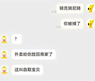 这是一张模拟聊天记录的搞笑梗图，展示了两名用户的对话场景。一方使用黄色兔子头像，先后发送“骑克骑尼骑”和“你被捕了”两条令人困惑的消息（均显示“已读”）；另一方使用黄色头盔头像（疑似外卖员形象），先回复一个问号表示不解，随后反击道“外卖给你放回商家了”，并调侃“这叫自取宝贝”。对话充满反差萌，外卖员的神回复制造了幽默效果。