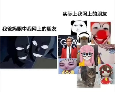 这是一张左右对比的拼贴梗图，用强烈的反差感调侃长辈与年轻人对线上交友的不同认知：
- 左侧标注「我爸妈眼中我网上的朋友」，搭配《名侦探柯南》里的两个黑影犯人截图，体现长辈对网友的刻板印象——觉得都是不怀好意的坏人；
- 右侧标注「实际上我网上的朋友」，拼贴了多个热门网络表情包、动漫角色与真人梗图，包括熊猫头表情包、小丑表情包、戴耳机的猫、《孤独摇滚！》后藤独、《东方Project》博丽灵梦、瑞恩·高斯林红西装梗图等，都是年轻人社交中常见的形象，充满搞笑的反差感，精准戳中年轻人的上网日常。