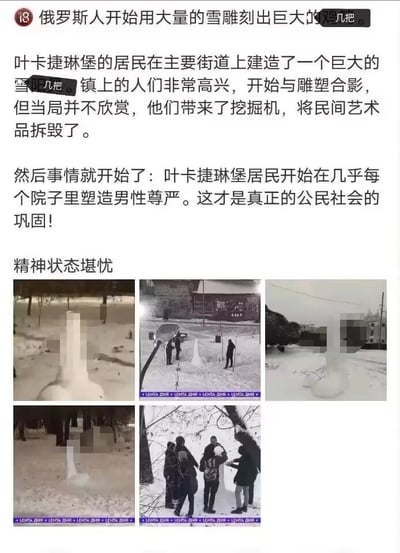 这是一则图文混排的社交媒体内容，上方配有中文说明文字，讲述了俄罗斯叶卡捷琳堡发生的趣味事件：当地居民先在主街道制作了一个造型为男性生殖器的大型雪雕，居民们纷纷和它合影，然而当地当局并不认可这个雪雕，动用挖掘机将其拆除。之后当地居民为了回应这一行为，开始在各处院子里都制作同款造型的雪雕，配文调侃这是“真正的公民社会的巩固”，还评价相关行为“精神状态堪忧”。下方的五张图片则直观展示了事件相关场景：有单独的同款雪雕，有挖掘机正在拆除雪雕的画面，还有居民们围在一起制作、围绕雪雕的场景，雪雕的敏感部位都做了马赛克处理，所有图片底部都带有“LENTA DNR”的水印。