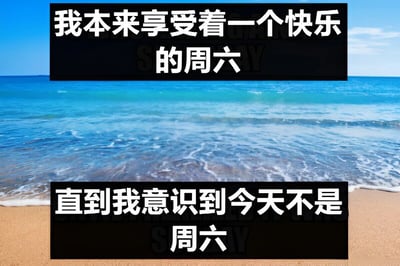 图片主体为一片海滩场景，蓝色的海洋与天空相接，海浪轻轻拍打着沙滩。画面上方和下方各有一个黑色矩形文本框，白色文字分别为“我本来享受着一个快乐的周六”和“直到我意识到今天不是周六”，通过对比美好的海滩景象与失落的文字内容，表达了误以为是周末却发现不是的失望情绪。