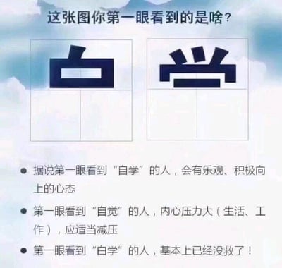这是一张以汉字拆分为核心的趣味视觉测试图文图，顶部以提问“这张图你第一眼看到的是啥？”引导观看者参与测试。图中上方是两个经过拆分重组的汉字图案，左侧为“自”的上半部分与“学”的下半部分组合，右侧为“自”的下半部分与“觉”的上半部分组合，通过视觉错位，观看者可以分别识别出“自学”“自觉”“白学”三种不同的汉字组合。下方对应列出三种组合的解读：第一眼看到“自学”的人被认为心态乐观积极；看到“自觉”的人被判定生活和工作压力较大，需要适当减压；看到“白学”的人则被调侃“基本上已经没救了”，其中“白学”是源自游戏《白色相簿2》的网络流行梗，常用来指代陷入纠结复杂的情感处境，或是自嘲摆烂的状态，增加了图的趣味性和网络共鸣感。