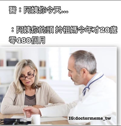 图片展示了一位医生和一位戴眼镜的阿姨在诊所对话的场景。上方文字内容为医生说："阿姨你今天..."，阿姨回应："阿姨你的頭 拎祖媽今年才20歲零480個月"。这里运用了数学计算的幽默，20岁加上480个月（即40年）实际上是60岁，却用看似年轻的表述方式呈现，制造出搞笑效果。