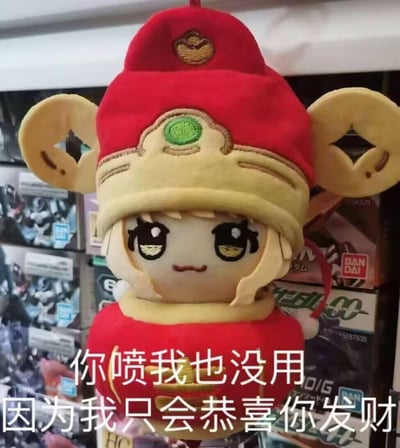 图中是一个被装扮成财神样式的Q版卡通毛绒玩偶，玩偶有着浅金色头发和带点小得意的眉眼，身穿红衣红帽，处于被悬挂的状态。下方配文“你喷我也没用 因为我只会恭喜你发财”，用可爱的形象搭配玩梗文字，传递出一种不管他人如何吐槽，都只坚持传递喜庆祝福的摆烂感，适合在被吐槽时回应，或是在新年等喜庆场合用来玩梗送祝福。