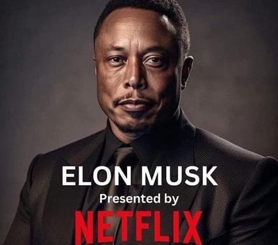 图片显示一位穿着深色西装的黑人男性，面部表情严肃，背景为深色渐变。人物下方有白色大写文字“ELON MUSK”，其下是较小的白色文字“Presented by”，最下方是红色的“NETFLIX”标志。这是一张明显的恶搞图片，将一位不知名人士的照片错误标记为埃隆·马斯克，并虚构了Netflix的呈现信息，形成幽默的反差效果。