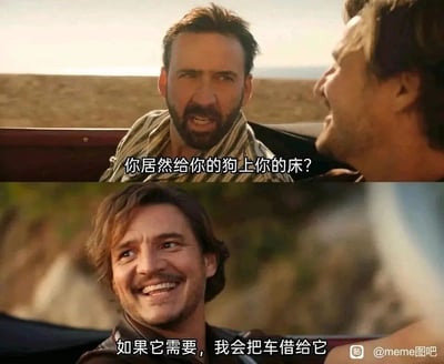 这是一张由电影截图改编的上下分栏梗图，上半部分是尼古拉斯·凯奇饰演的角色，坐在车内，面露震惊与不可置信的神情，转头质问旁边的人：“你居然给你的狗上你的床？”；下半部分是佩德罗·帕斯卡饰演的角色，坐在车内，满脸带着宠溺的笑意，抬头回应道：“如果它需要，我会把车借给它”。通过这种对话的反差感，夸张地展现出铲屎官对宠物毫无底线的宠爱，将养宠人把宠物放在极高位置、对宠物无限纵容的心态进行了放大，充满搞笑效果。