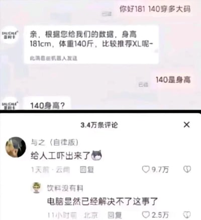 这是一张由电商客服聊天记录和社交平台评论区拼接而成的静态截图。上半部分的聊天记录中，用户最初发送“你好181 140穿多大码”，机器人客服按照常规逻辑将181判定为身高、140判定为体重，推荐了XL码；随后用户纠正“140是身高”，意味着用户是身高140cm、体重181斤的特殊身材，超出了机器人的预设处理范围，人工客服随即发出疑惑的反问“140身高？”。下半部分是该截图的社交平台评论区，其中用户“与之（自律版）”的评论“给人工吓出来了😺”获得9.7万点赞，另有评论“电脑显然已经解决不了这事了”，整体内容因特殊身材需求引发的乌龙对话制造出搞笑效果，引发大量网友共鸣。