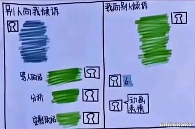 这是一张左右对比的手绘风格梗图，左侧标题为“别人向我倾诉”，上方有大面积蓝色涂鸦遮盖区域，下方分三行依次标注“骂人的话”“分析”“安慰的话”，每行均配有绿色涂鸦遮盖及人物简笔画图标，暗示自己在倾听他人时能提供多种回应。右侧标题为“我向别人倾诉”，上方是高大的绿色涂鸦遮盖区域，下方有两个带人物简笔画图标的内容，分别标注“6”和“动画表情”，幽默展现自己倾诉时可能更依赖网络用语或表情包。整体通过夸张对比自嘲人际交往中倾听与倾诉时的反差萌。