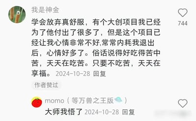 本图为一段网络评论截图，展示了网友“我是神金”对于放弃让自己痛苦的大项目后的心理转变，并用通俗语言表达了“吃苦”与“享福”的辩证观。下方另一网友“momo”回复“大师我悟了”，表示对前述观点的认可和自嘲式领悟，整体氛围轻松幽默，颇具“网友自我调侃释怀”风格。

未发现谐音梗、双关，但“悟了”作为网络热词，表达了瞬间顿悟的意思，常带自嘲、豁达气质。
