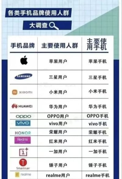 这是一张以搞笑玩梗为目的的网络创作图，标题为“各类手机品牌使用人群大调查”，采用三列表格的形式呈现，包含苹果、三星、小米、华为等11个主流手机品牌。但表格内容为无意义的循环定义，每个品牌的“主要使用人群”都是“XX用户”，“主要使用手机”都是“XX手机”，通过这种重复且无营养的表述制造荒诞的幽默感，调侃那些内容空洞的调查类内容。