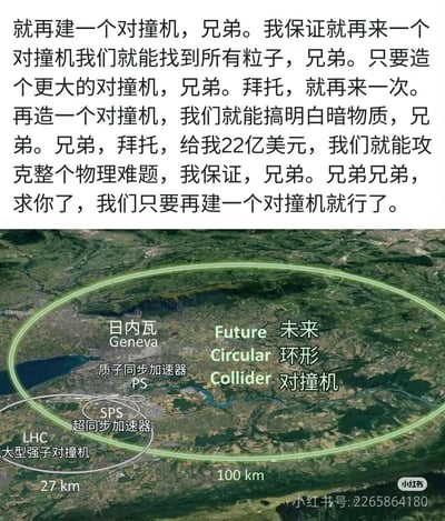 这是一张玩梗的图文混排图，上方用近乎哀求的重复语气，模仿高能物理研究者的口吻，反复请求拨款建造新的大型环形对撞机，声称只要获得22亿美元，建成这个周长100公里的未来环形对撞机，就能找到所有粒子、破解暗物质谜团、攻克物理领域的核心难题；下方是瑞士日内瓦地区的卫星图，标注了现有的周长27公里的大型强子对撞机（LHC）、超同步加速器（SPS）、质子同步加速器（PS）的范围，以及规划中覆盖更大区域的100公里未来环形对撞机（FCC）的环线。整张图以夸张戏谑的方式，调侃高能物理领域不断追求更大规模对撞机的研究现状，没有双关或谐音梗。
