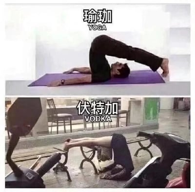 这是一张上下拼接的对比搞笑图，上方展示了一位男士在紫色瑜伽垫上完成标准的后弯瑜伽动作，图片顶部配有文字“瑜珈 YOGA”，呈现出健康优雅的运动状态；下方则是一位看起来处于醉酒状态的人，将头钻到户外的铁质长椅下方，身体弯曲的姿势意外和上方的瑜伽姿势高度相似，图片顶部配有文字“伏特加 VODKA”。图片巧妙利用“瑜伽”与“伏特加”的发音谐音，通过对比优雅的运动姿态和醉酒后的失态却巧合撞型的姿态，制造出强烈的荒诞反差感，以此调侃醉酒后的失态行为，充满幽默趣味。