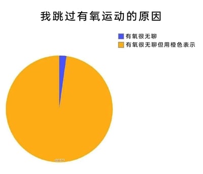 这是一张以“我跳过有氧运动的原因”为主题的搞笑饼图，图中设置了两个看似不同的选项：蓝色小占比区域对应“有氧很无聊”，橙色超大占比区域对应“有氧很无聊但用橙色表示”。实际上两个选项的核心原因完全一致，都是吐槽有氧运动的无聊属性，通过这种无厘头的分类和夸张的占比对比，用荒诞的形式放大了人们不想进行有氧运动的真实心态，精准戳中健身爱好者对有氧运动的普遍吐槽点，制造出幽默搞笑的效果。