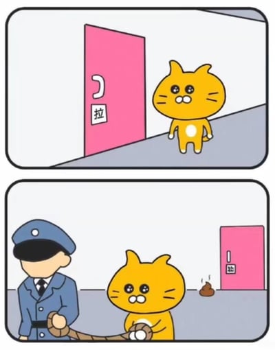 这是一组两格的连环搞笑漫画：第一格中，一只黄色猫咪站在标有“拉”的粉色拉开式门旁；第二格场景里，粉色门变成了推开式的把手（标识仍为“拉”），猫咪被一名警察用绳子牵住，门的另一侧露出了一坨猫屎，猫咪露出无辜的表情。原来猫咪耍小聪明，以为门是拉开的，便在门后随地大小便，没想到门实际是推开的，被警察抓了现行，利用门的开合方向制造出搞笑的反转效果。