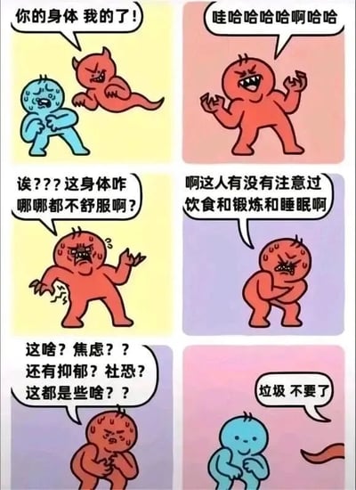 这是一张六格连环漫画，讲述红色恶魔夺取蓝色小人身体后遭遇的搞笑经历。第一格：红色恶魔张牙舞爪对蓝色小人说“你的身体我的了！”，蓝色小人惊恐流汗；第二格：恶魔得意大笑“哇哈哈哈哈啊哈哈”；第三格：恶魔突然痛苦皱眉，疑惑“诶???这身体咋哪哪都不舒服啊？”；第四格：恶魔抓狂质问“啊这人有没有注意过饮食和锻炼和睡眠啊”；第五格：恶魔看着身体状况一脸懵“这啥？焦虑？？还有抑郁？社恐？这都是些啥？？”；第六格：蓝色小人拿回身体，嫌弃地说“垃圾 不要了”，恶魔被抛弃。通过夸张对比展现不良生活习惯导致身体“质量差”的幽默吐槽。
