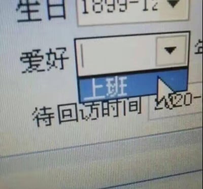 这是一张表单界面的特写截图，显示了部分表单字段。可见“生日”字段填写着“1899-12”（疑似占位符日期），而“爱好”字段的下拉菜单正展开，其中被选中的选项为“上班”。图片通过将“上班”这一通常被视为义务的活动列为“爱好”，形成强烈的讽刺和幽默感，暗讽当代人因工作压力大而产生的无奈自嘲。
