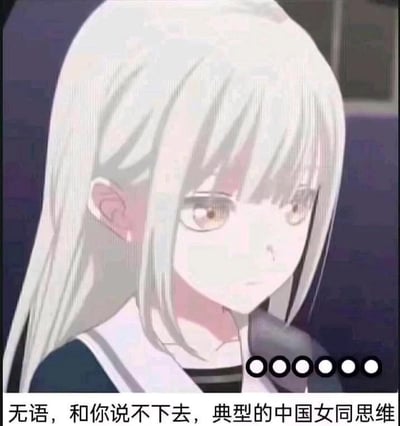 这是一张二次创作的表情包，画面主体是一位有着银白色长发、浅棕色眼眸的动漫女生，她侧头看向一旁，面部表情冷漠疏离，带着明显的无语神态。画面中还配有六个黑色圆圈的省略号，强化了不想继续交流的情绪；底部则添加了吐槽文字：“无语，和你说不下去，典型的中国女同思维”。这张图通过动漫人物的厌弃神态搭配直白的吐槽文字，精准表达出和他人观点不合、沟通受阻时的烦躁与无奈，没有双关、谐音梗或暗示内容。