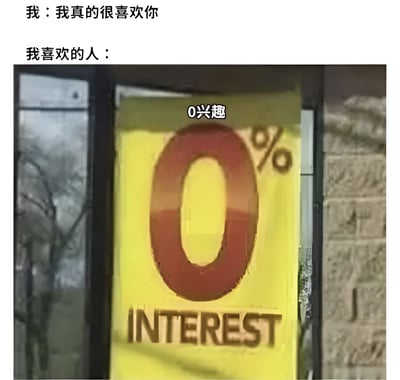 图片上方为两行文字对话，第一行“我：我真的很喜欢你”表达表白者的心意，第二行“我喜欢的人：”后接一张实拍照片。照片中是一个黄色背景的标牌，上面有醒目的红色“0%”符号和下方的“INTEREST”英文，标牌上方被添加了“0兴趣”三个白色文字。通过将金融领域的“0%利率”标牌幽默改编为“0兴趣”，形象展现了表白对象对表白者毫无兴趣的场景，充满自嘲和搞笑意味。