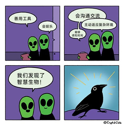 这是一幅四格连环卡通漫画，讲述了外星考察者判定智慧生物的故事。第一格中，两名绿色外星人手持平板，记录下“善用工具”“会娱乐”的生物特征；第二格中，他们继续补充“会沟通交流”“主动适应复杂环境”“能够感知时间”的智慧生物判定标准；第三格中，两名外星人兴奋地宣布“我们发现了智慧生物！”；第四格则揭晓答案——一只周身带有光芒特效的乌鸦。漫画利用乌鸦真实具备的高智商能力（如使用工具、学习适应环境等）制造反转笑点，既讽刺了人们对“智慧生物”的刻板认知，也科普了乌鸦的聪慧特性，整体风格轻松幽默。