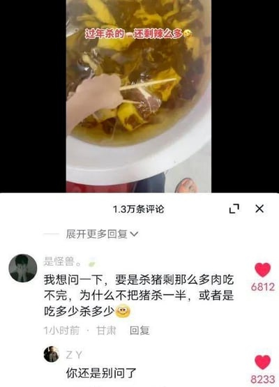 这是一张竖屏的抖音社交媒体截图，分为上下两部分：上半部分是实拍画面，一个大盆里装着大量过年宰杀后剩余的猪肉，盆上方有白色加红边的文字标注“过年杀的，还剩辣么多😩”，一只手用筷子指着盆里的肉，传递出肉太多吃不完的无奈；下半部分是抖音的评论区界面，用户“是怪兽。”（来自甘肃）发布评论提问：“我想问一下，要是杀猪剩那么多肉吃不完，为什么不把猪杀一半，或者是吃多少杀多少😋”，这条评论获得了6812个赞；另一个用户“ZY”回复“你还是别问了”，该回复获得了8233个赞。
这个内容的笑点在于提问者忽略了杀猪的实际情况——杀猪只能整头宰杀，不存在“杀一半”的操作，这个天真的脱离生活常识的问题，搭配回复者的调侃，形成了搞笑的互动效果。